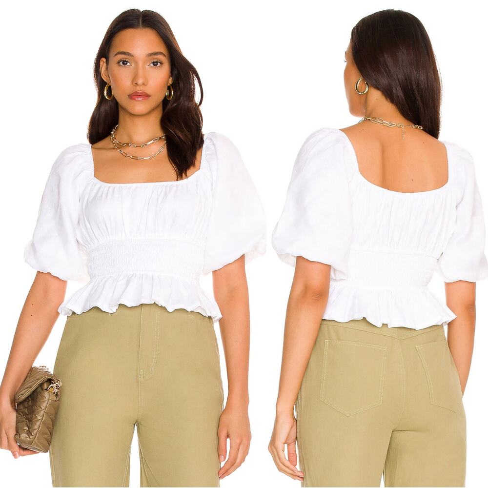 NEW Faithfull The Brand Puff Sleeves Elastic Cuff Kinsley Top Plain White Size:4